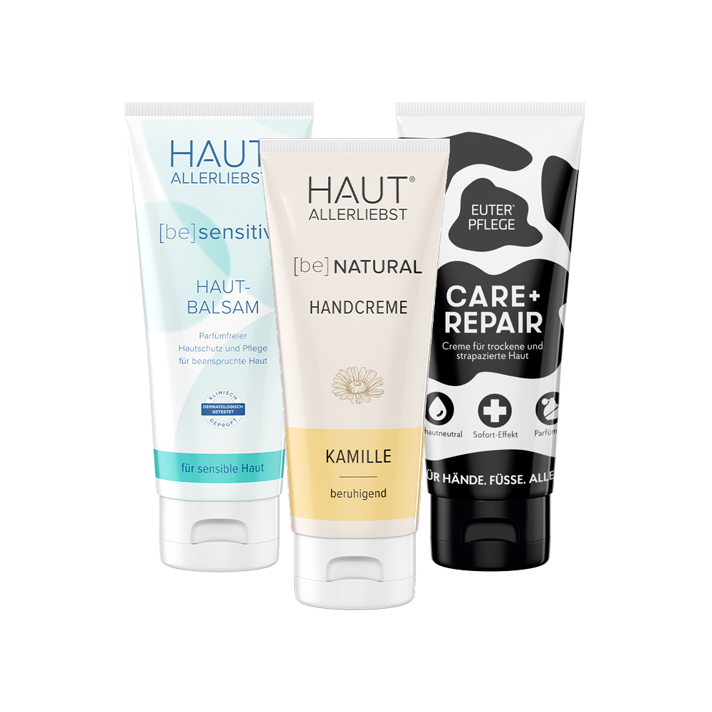 Set Lieblings-Trio 3x100ml Handcreme Kamille, Hautbalsam + Care + Repair Creme für trockene Haut