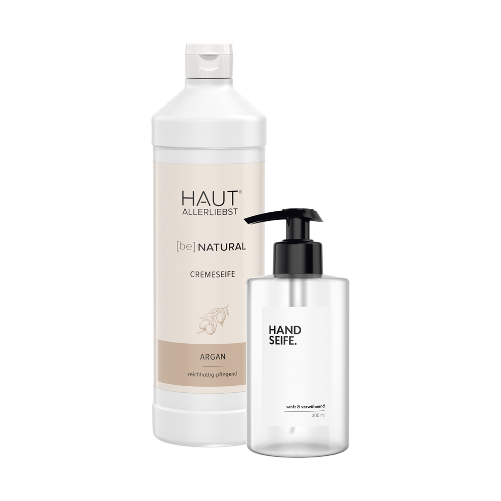 Flüssige Handseife Argan 1L mit Seifenspender leer 300ml