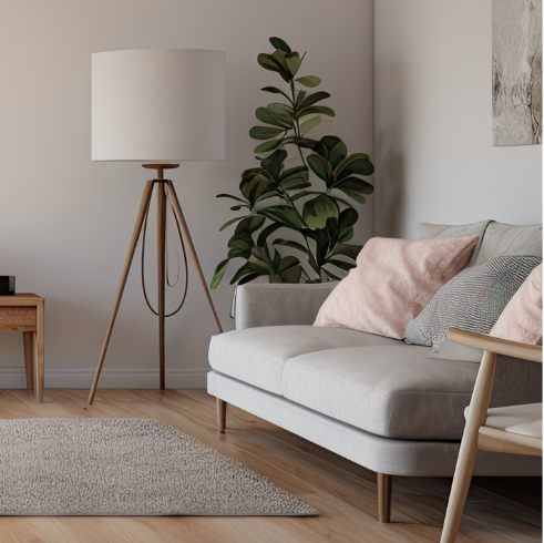 Wohnzimmer mit Sofa, Stehlampe und Pflanze