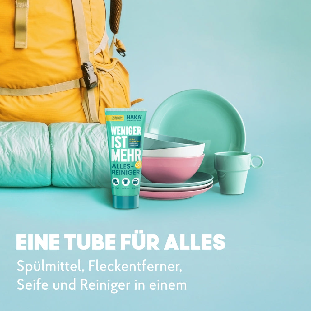 Allesreiniger-Tube steht vor einem gelben Rucksack, einem Schlafsack und buntem Geschirr