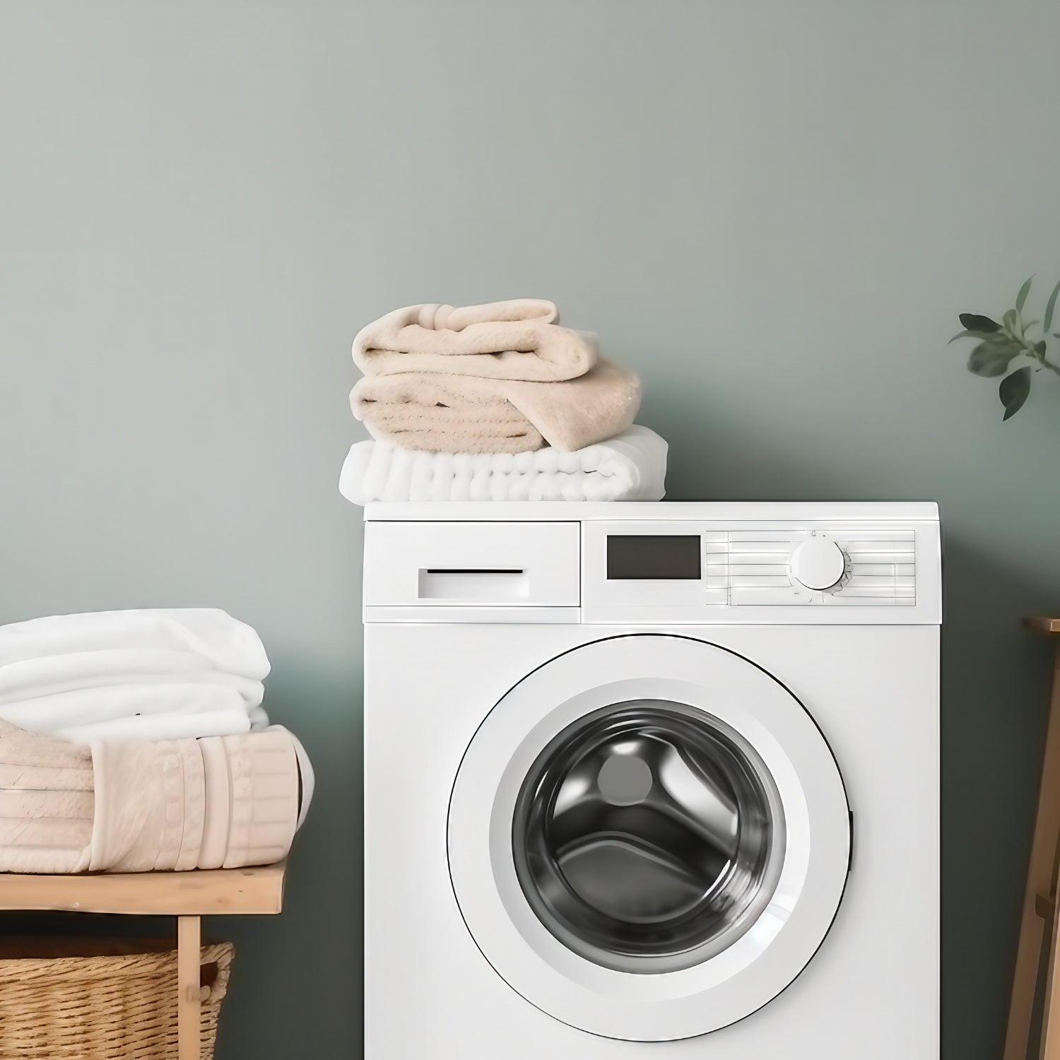 Waschmaschine mit Decken und Wäsche auf und neben der Maschine.