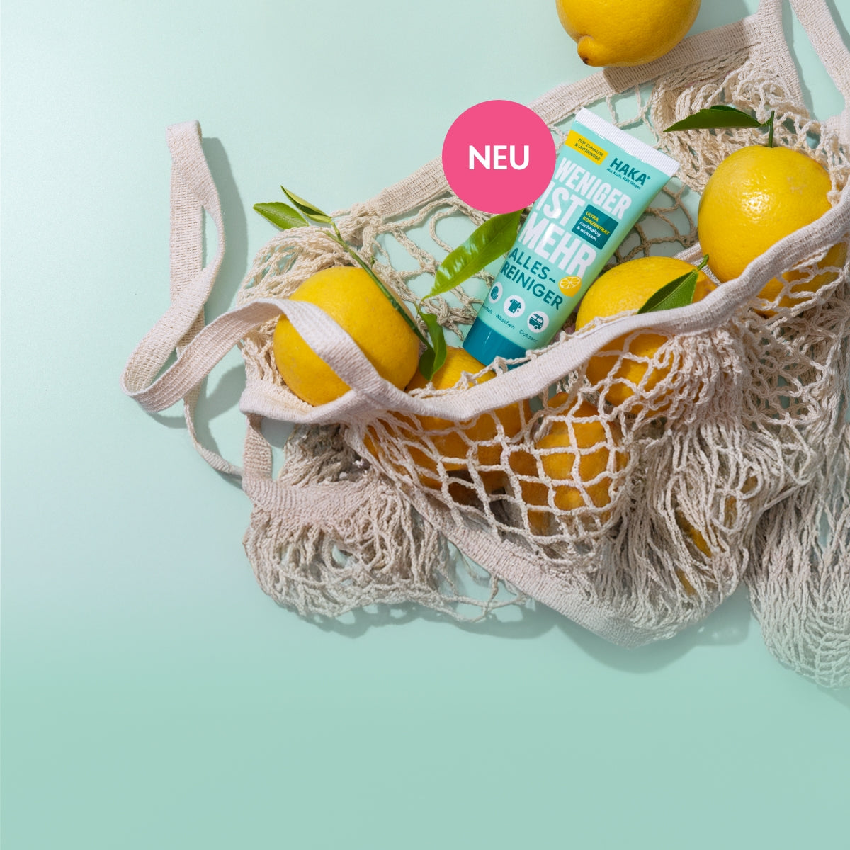 Weniger ist Mehr Allesreiniger Tube im Netz mit Zitronen