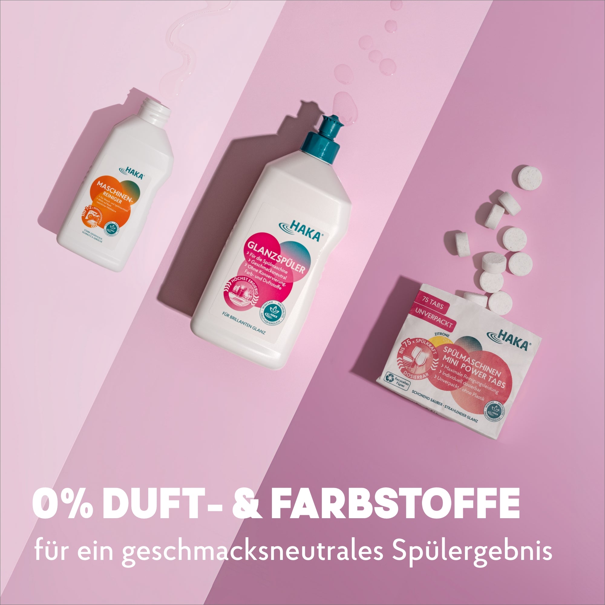 Maschinenreiniger, Glanzspüler und Spülmaschinen Mini Power Tabs ohne Duft- und Farbstoffe nebeneinander