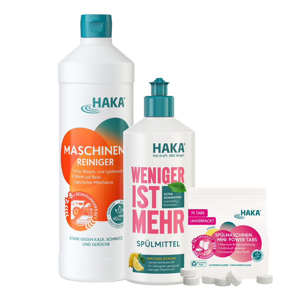 Set aus Maschinenreiniger, Weniger ist Mehr Spülmittel und Spülmaschinen Mini Power Tabs