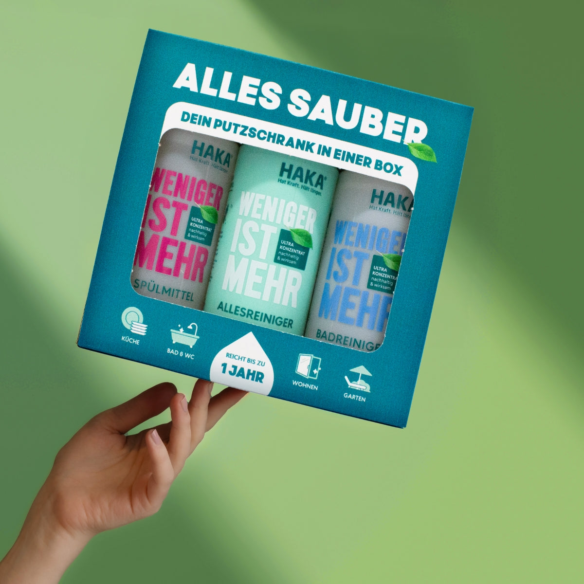 Kennenlernbox Weniger ist Mehr mit Spülmittel, Badreiniger und Allesreiniger inklusive Putztuch