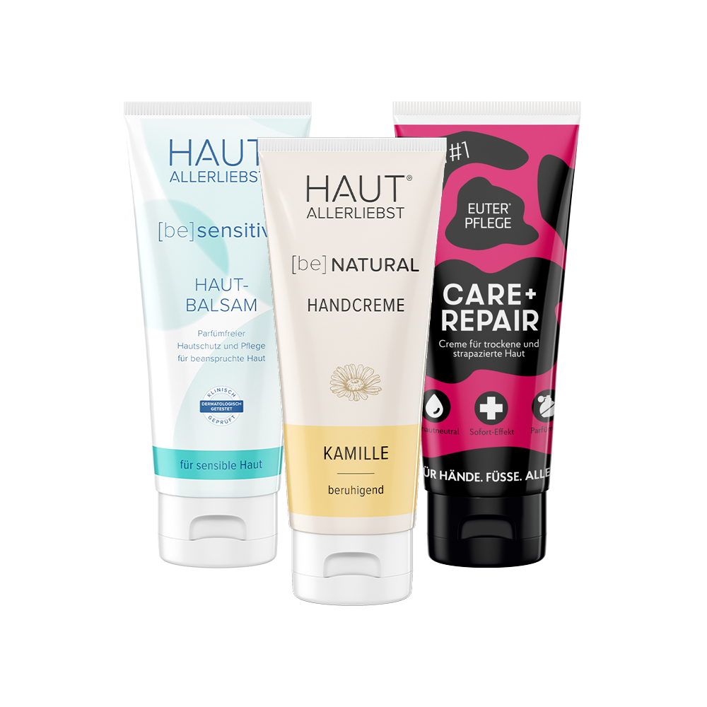 Set Lieblings-Trio 3x100ml Handcreme Kamille, Hautbalsam + Care + Repair Creme pink für trockene Haut