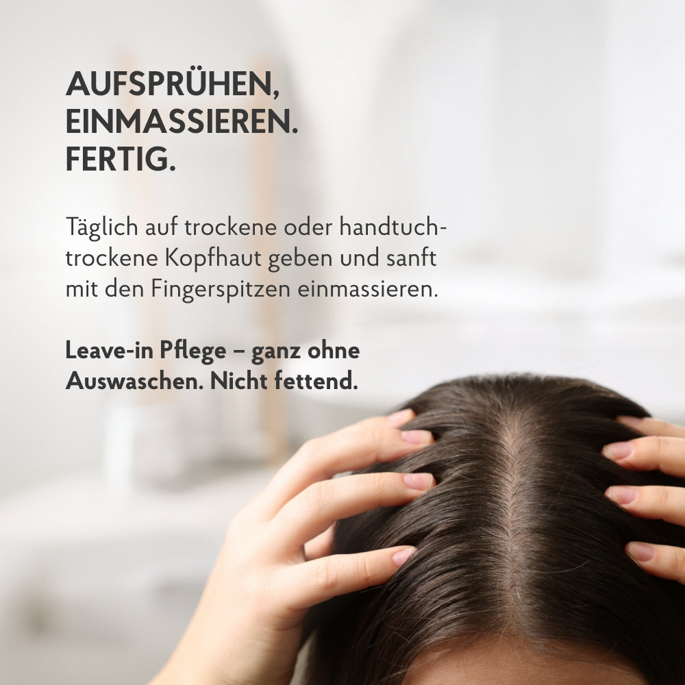 Haaransatz von Frau zeigt Anwendung Haartonikum