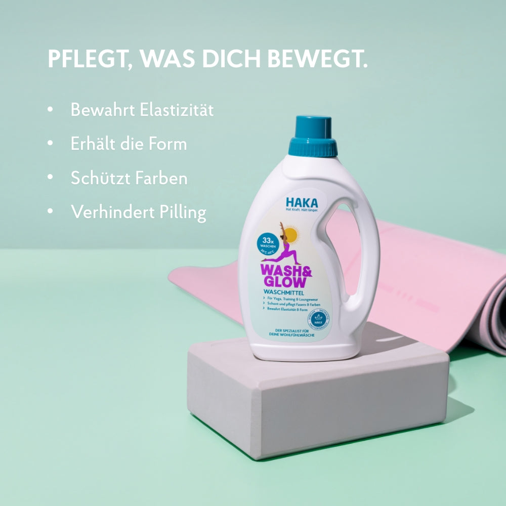 Wash & Glow Waschmittel 1L für Yoga, Training und Wohlfühlkleidung