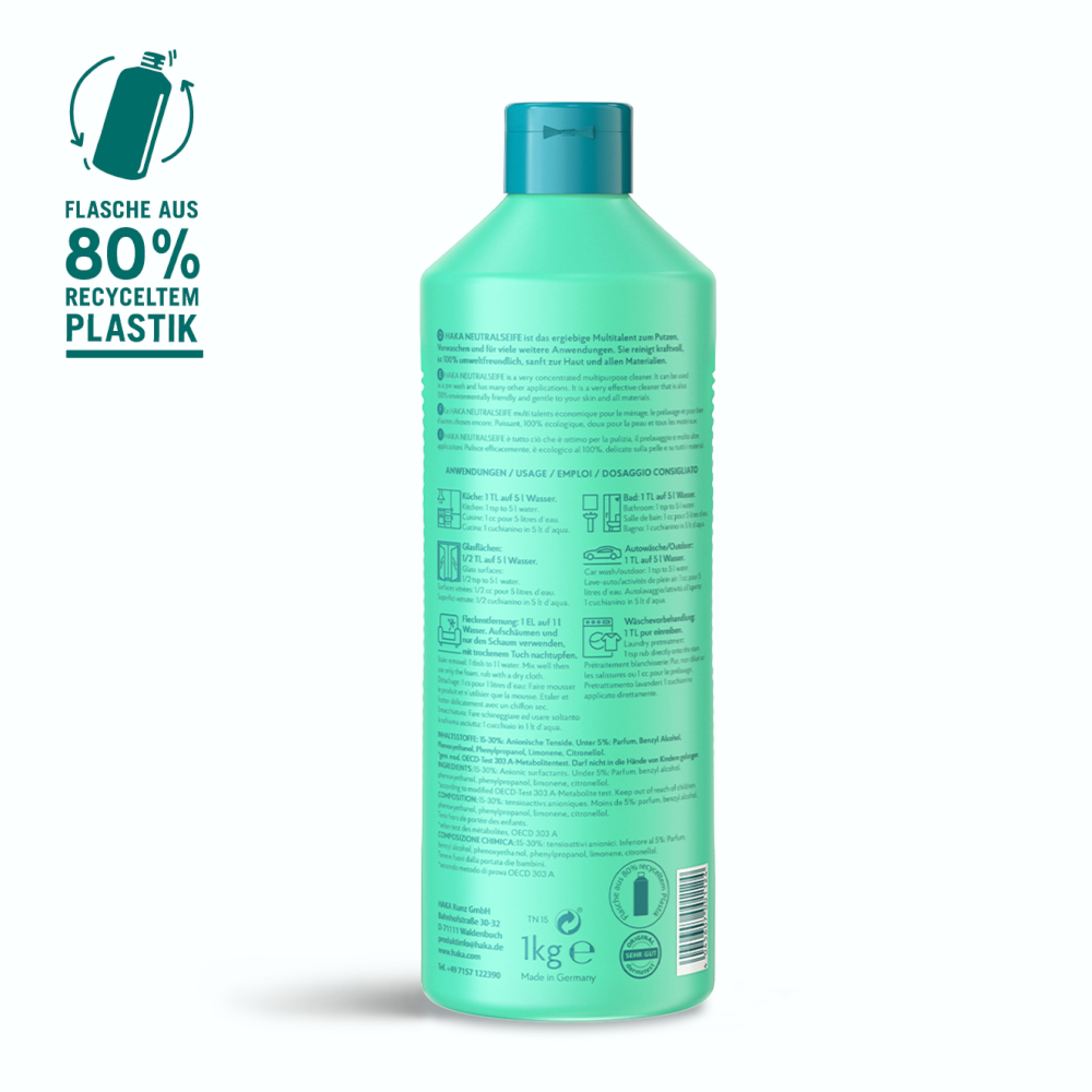 HAKA Neutralseife Rückseite 1kg – umweltfreundlicher Universalreiniger in Flasche aus 80 % recyceltem Plastik. Nachhaltig, hautfreundlich & biologisch abbaubar. Anwendung & Inhaltsstoffe sichtbar.